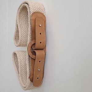 LANDS END Women's Woven Fabric Leather Belt Beige Sz XL Leather Buckle 2”